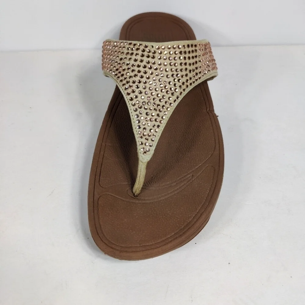 Fitflop Rokkit Rhinestone Studded Tan Thong Wedge Slip On Open Toe Flip Flops 7